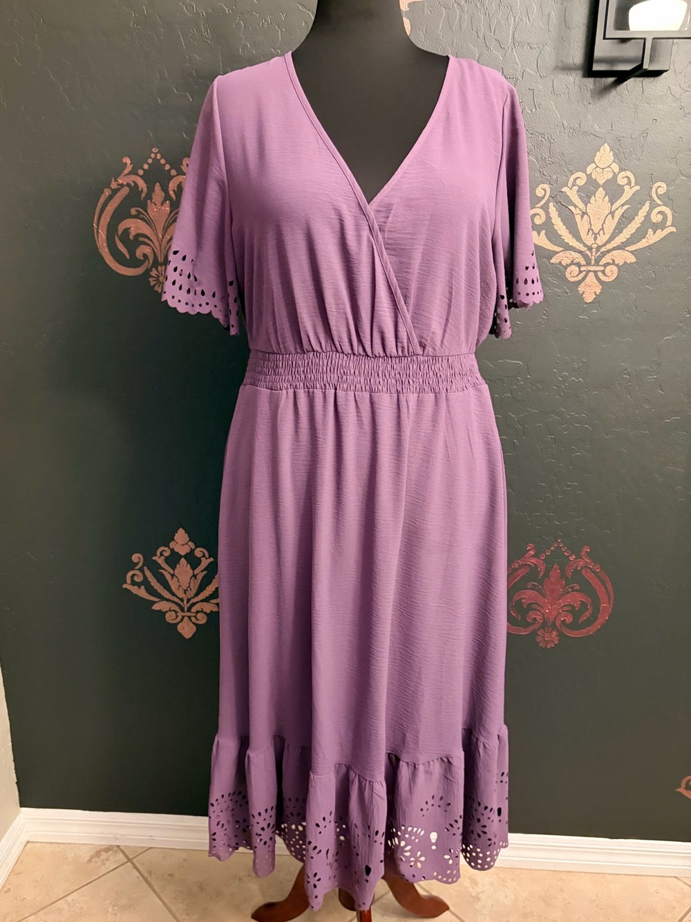 BloomChic Lavender Wrap Midi Dress with Eyelet Trim